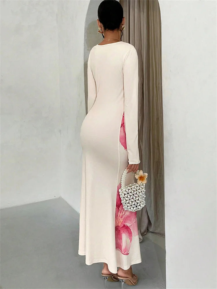 Autumn Printed Slim Maxi Dress ’s Contrast Long Sleeve High Waist See-through Dress Female Long Dress New