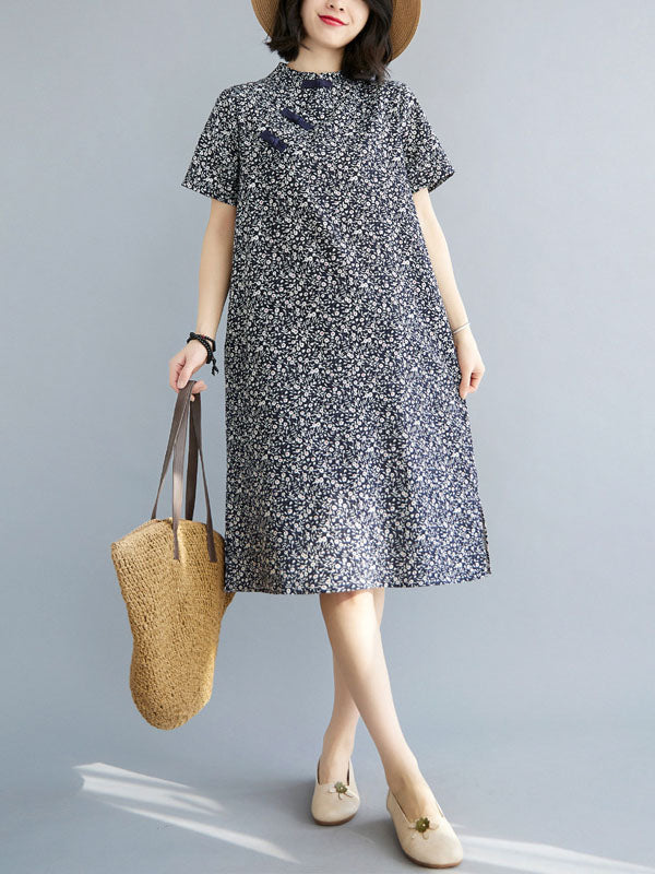 Artistic Retro Printed Stand Collar Short Sleeves Cheongsam Midi Dress