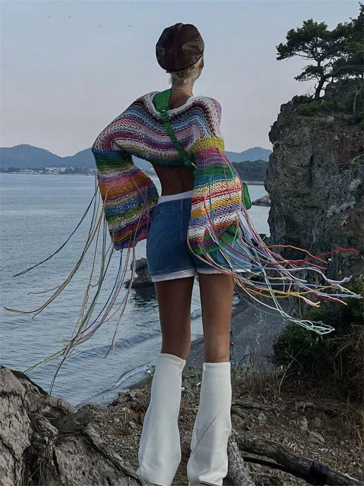 Knitted Tassels Cover Ups for Swimwear Loose Rainbow Shirt Sweater Holiday Crop Pullover Femme