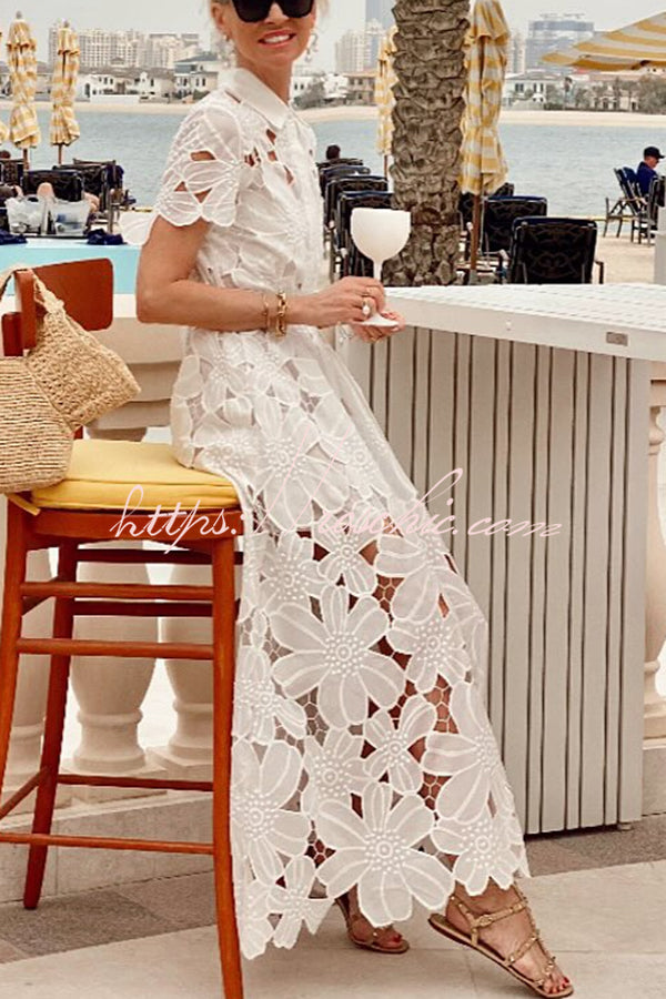 Dubai Style Crochet Lace Short Sleeve Tie-up Shirt Maxi Dress