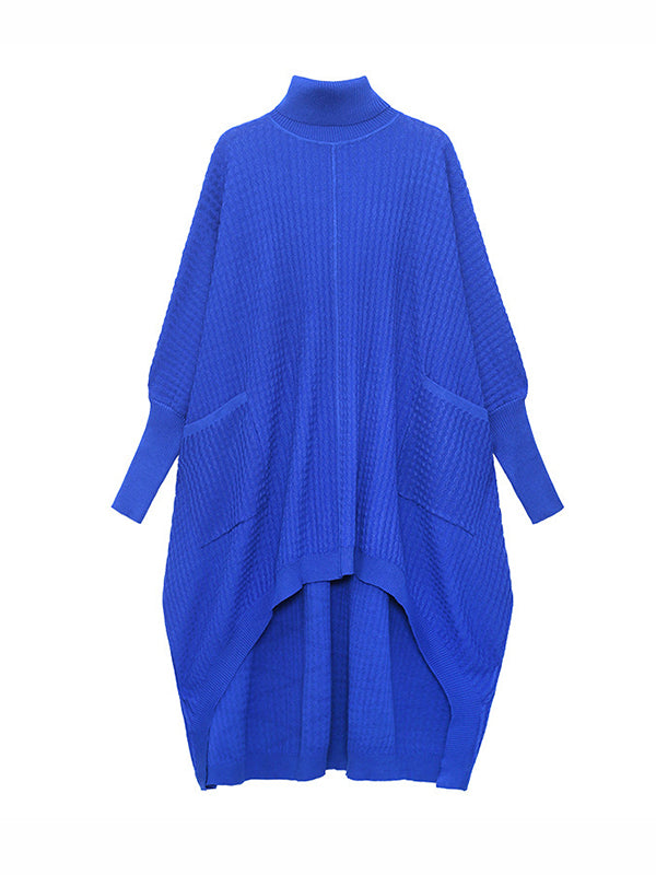 Batwing Sleeves High-low Pockets Color High-neck Midi Dresses Sweater Dresses