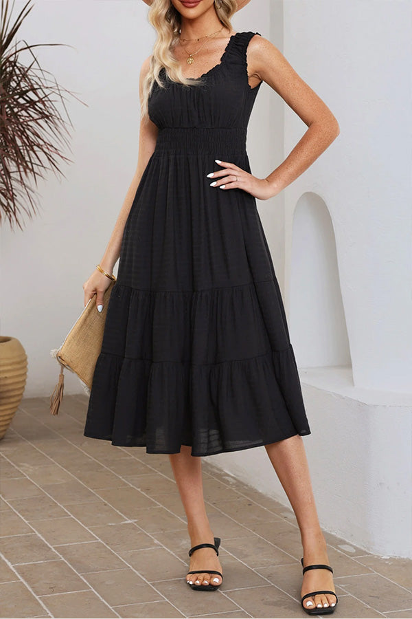 Black U-neck Sleeveless Ruched Tiered Ruffled Midi Dress