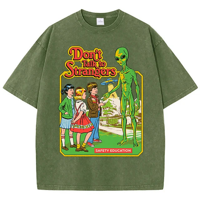 Cartoon Alien Classic Communication Print T-shirt Breathable Cotton Short Sleeve Washed Worn Out Female T Shirts