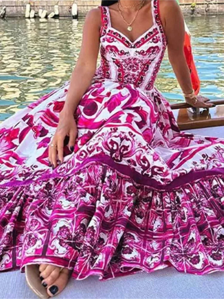 Color Printed Backless Spaghetti Strap Long Dress Sleeveless Vacation Beach Dresses for Female Vestidos