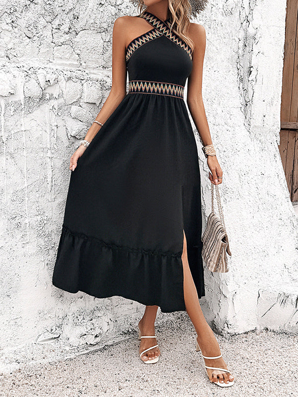 A-line High Waisted Embroidered Pleated Split-joint Split-side Halter-neck Midi Dresses