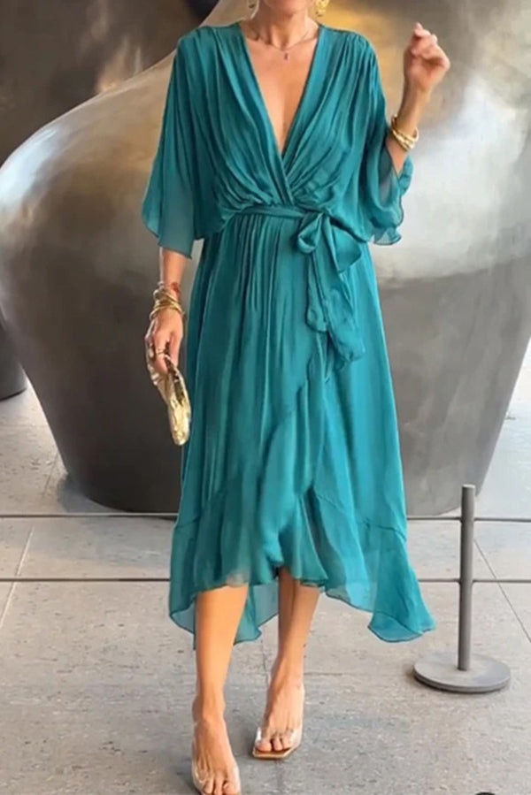 Color V-neck Bat Sleeve Lace-up Irregular Hem Midi Dress