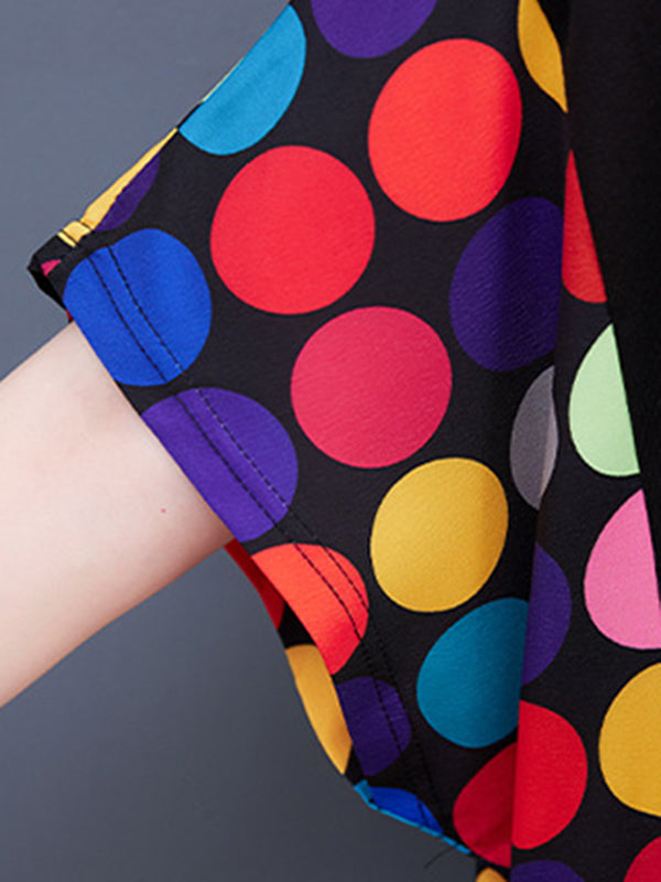 Loose Short Sleeves Multi-colored Polka-dot Split-joint Round-neck Midi Dresses