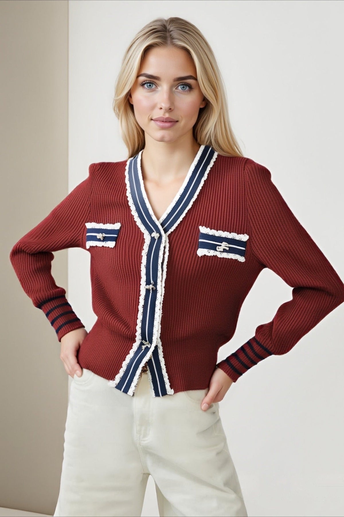Colorblock Lace Trim V Neck Knit Cardigan