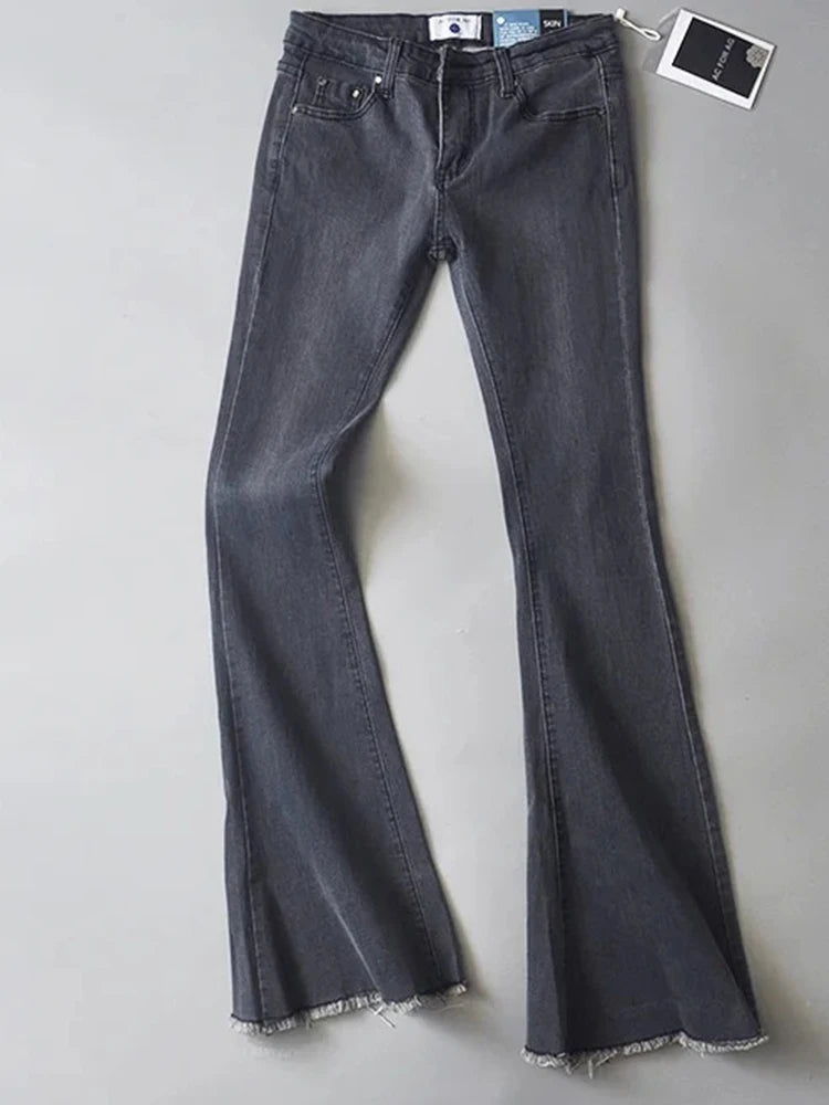 Retro Low Waist Blue Jeans for Bodycon Flared Pants Basic Slim Fit Summer Street Jeans Woman