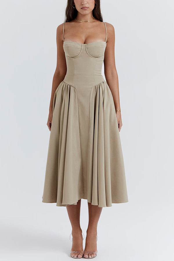 Color Slim Fit Suspender Pocket Midi Dress