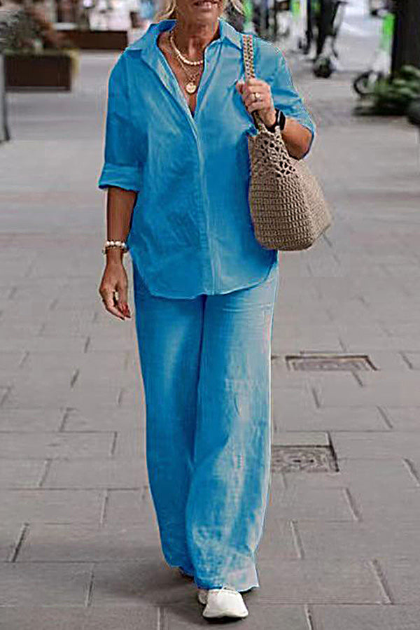 Two Piece Set Lapel Long-sleeved Shirt Color Wide-leg Pants Suit