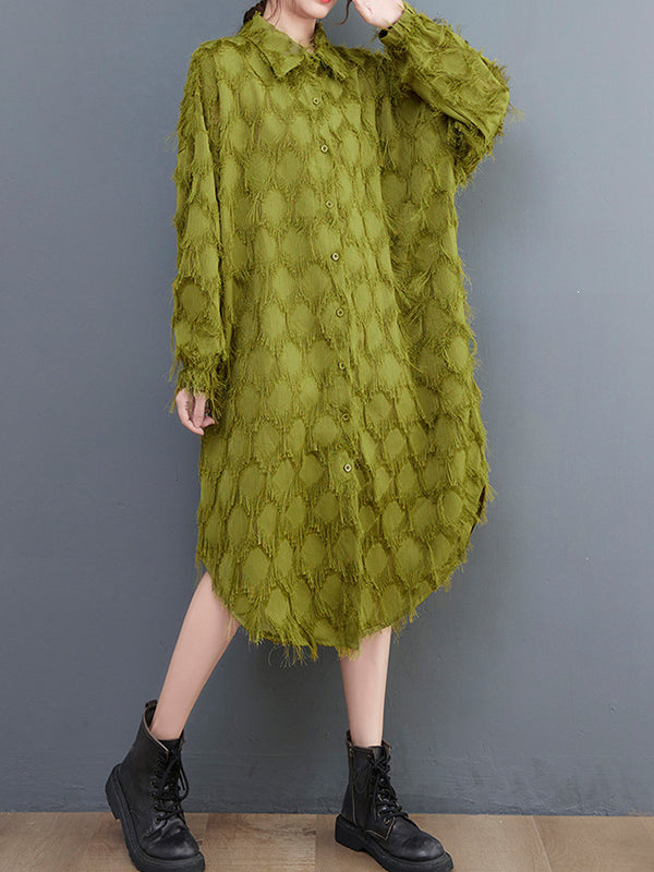 Stylish Long Sleeves Loose Tasseled Color High-neck Midi Dresses