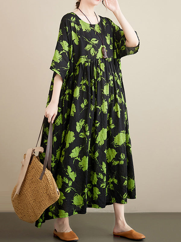 Loose Pleated Round-neck Midi Dresses