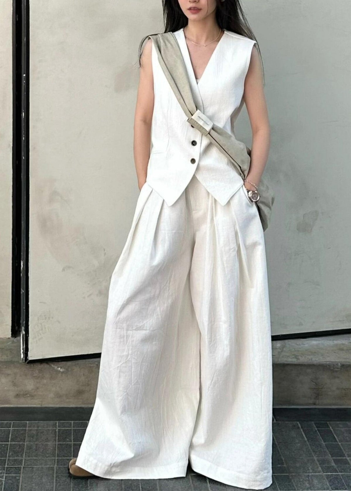 Vogue White V Neck Button Linen Waistcoat and Wide Leg Pants Two Piece Set Summer An1030