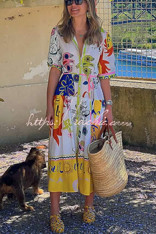 Chasing the Sun Unique Print Pocketed Shirt Midi Dress
