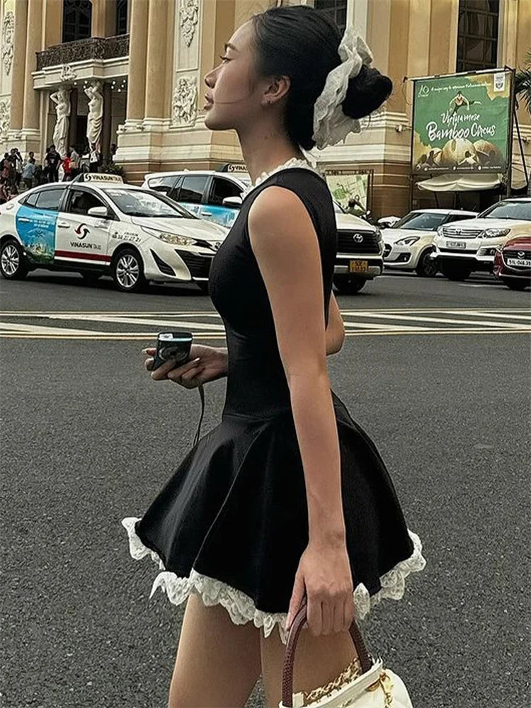 Autumn Lace Patchwork Mini Dress for Ruffled Sleeveless Slim Party Dress Gown Female High Waist Dress