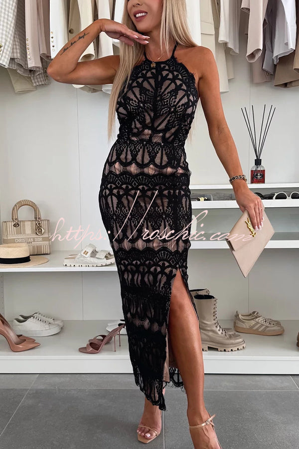 Paulette Unique Lace Halter Backless Slit Stretch Midi Dress