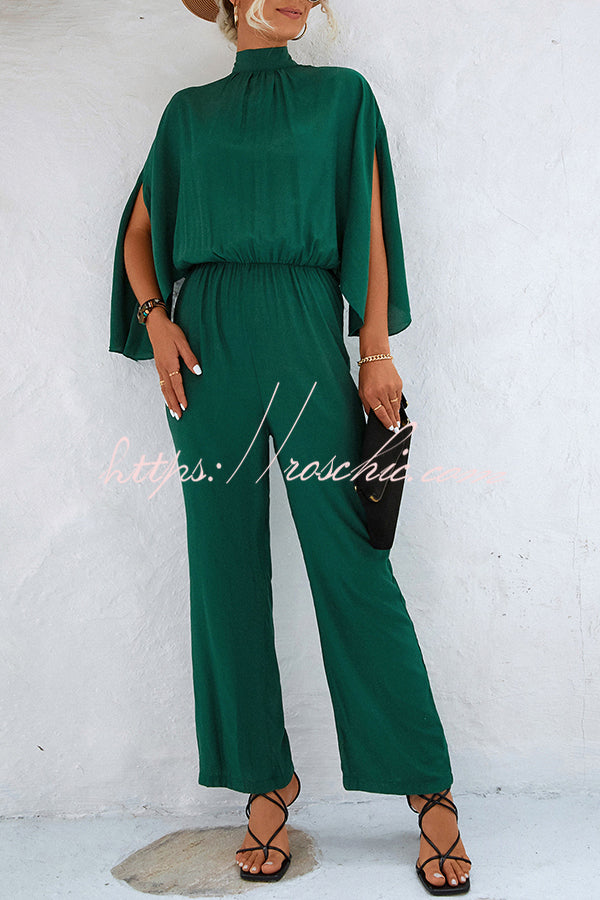 Color Slit Back Lace Up Hollow Long Sleeve Jumpsuit