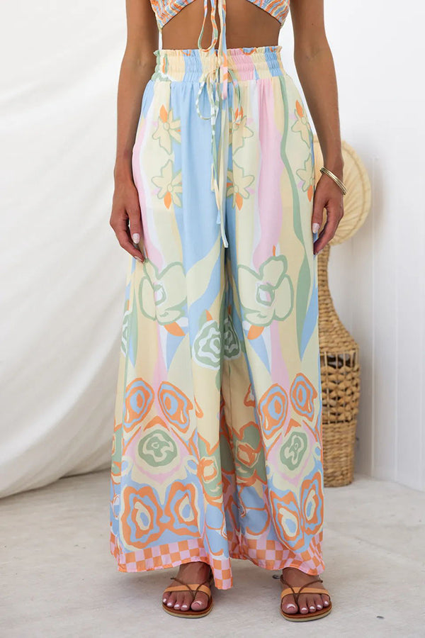 It's Your Vacation Print Elastic Drawstring Waist Pocket Wide Leg Pants