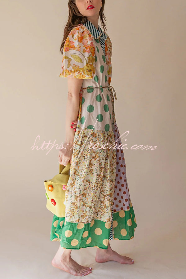 Linen Blend Unique Print Lapel Puff Sleeve Midi Dress