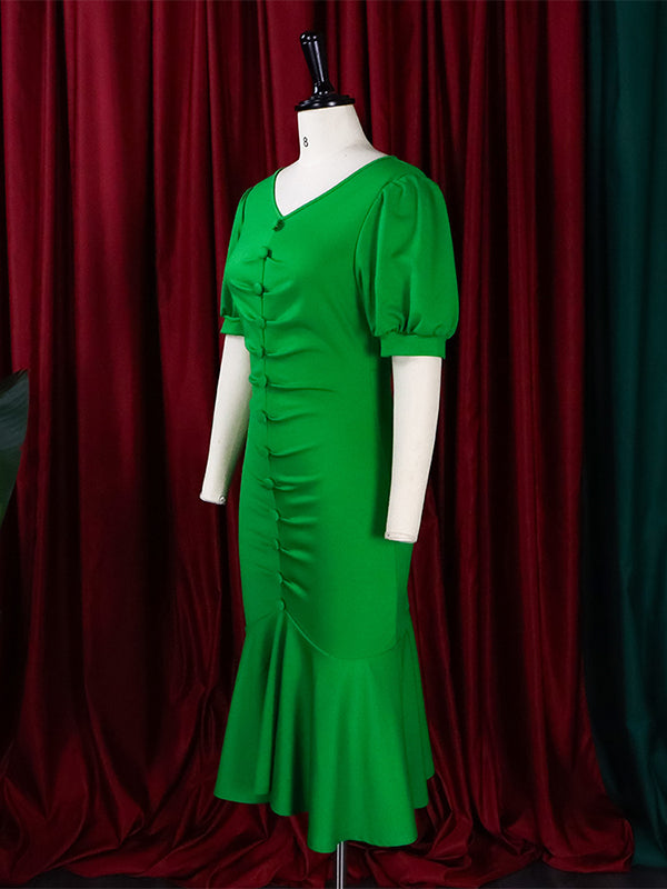 Bodycon Mermaid Pleated Color Zipper V-neck Midi Dresses