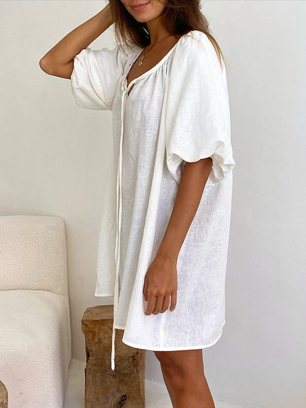Loose Puff Sleeves Lace-up Pleated See-through Color V-neck Mini Dresses Sleep Dress