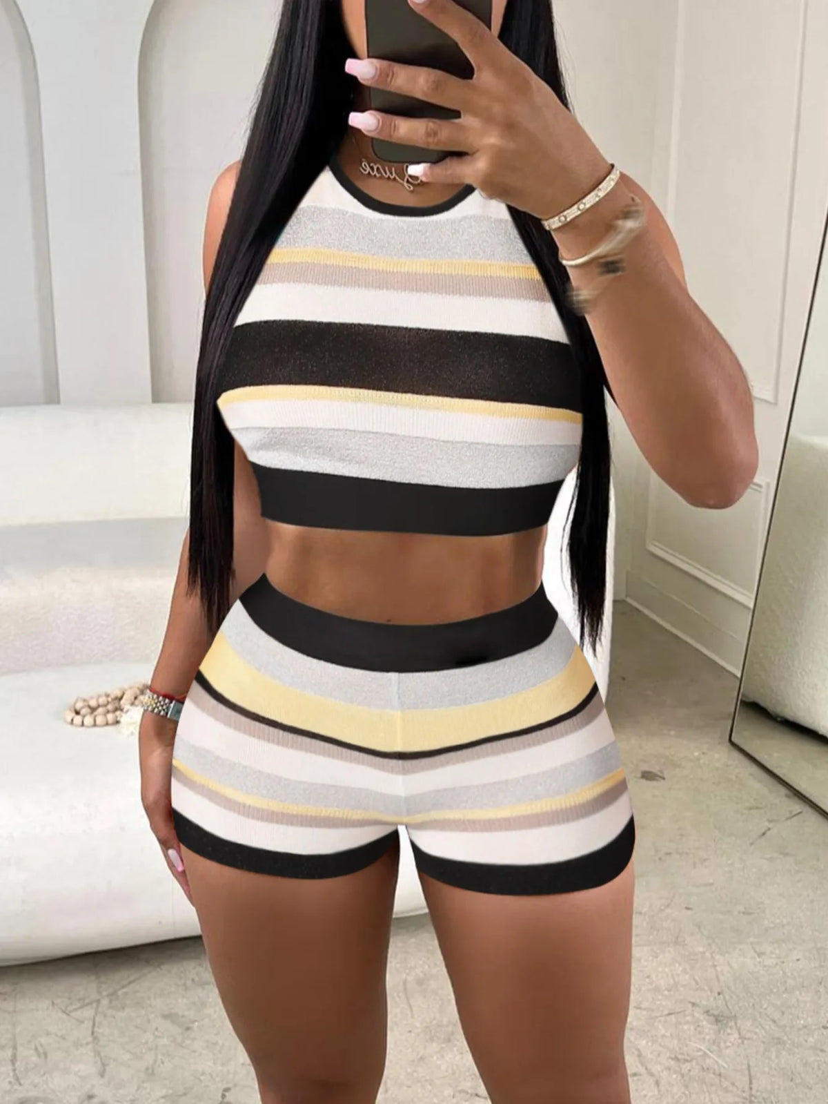 Crop Top Striped Shorts Set Patchwork Crop Tank Tops and Shorts Outfits Summer Holiday Beachwear