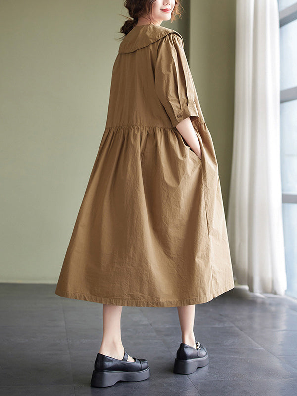 Original Loose Color Buttoned Pleated Midi Dress
