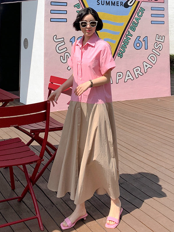 Split-joint Lapel Buttoned Short Sleeves Midi Dress