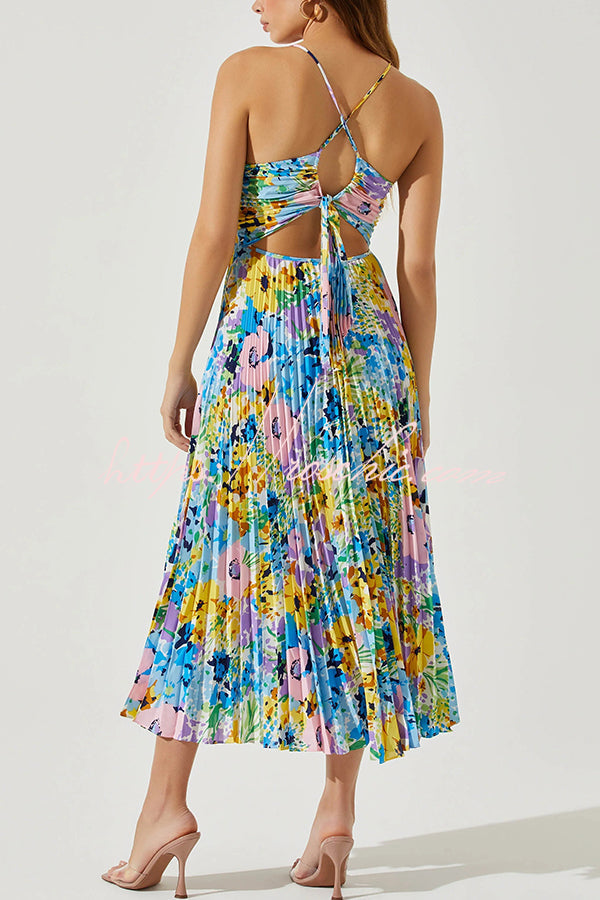 Wedding Party Season Print Pleated Back Tie-up Midi Dress