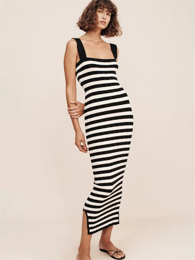 Striped High Waist Backless Maxi Dress Contrast Split Slim Off-shoulder Autumn Party Dress