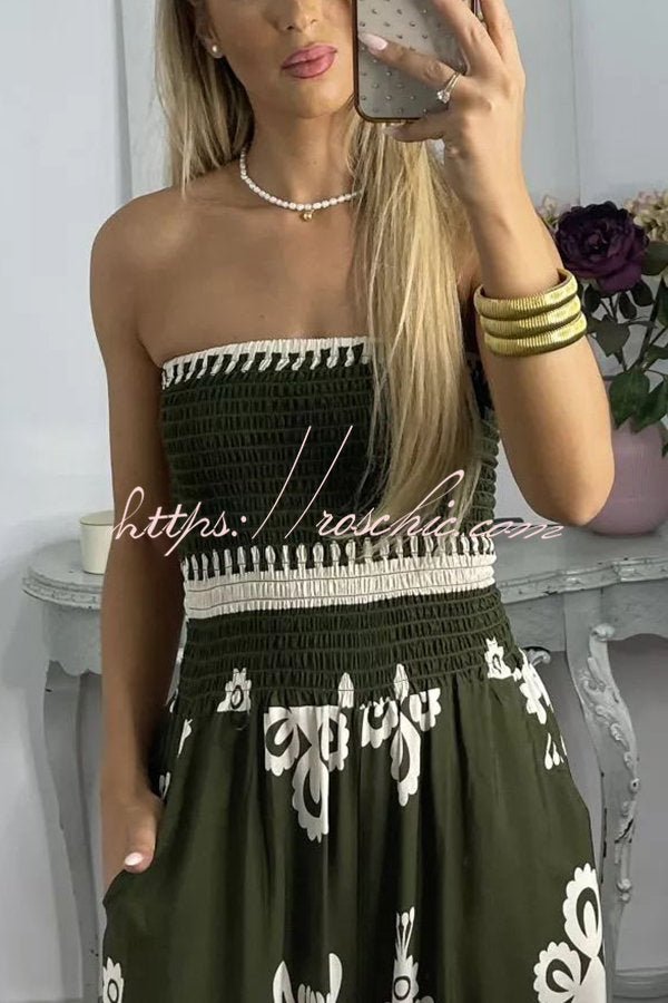 Larsen Print Off Shooulder Smocked Bust Pocketed Jumpsuit