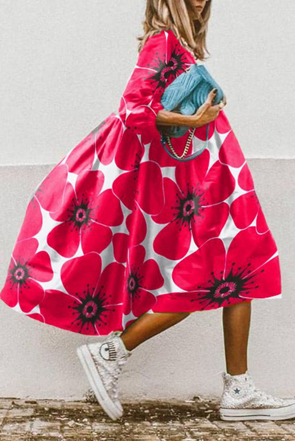 Print High Low Hem A-line Midi Dress