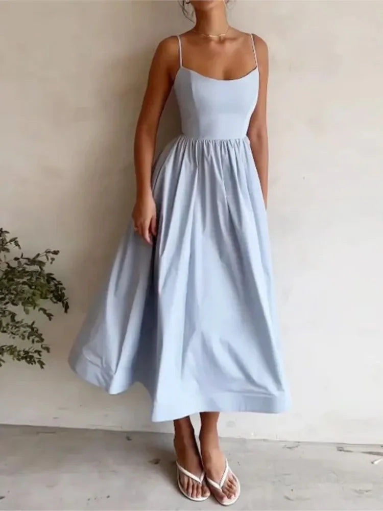 Spaghetti Strap A-line Maxi Dresses Low Cut Sleeveless Big Skirt Dress Summer New Party Vestido