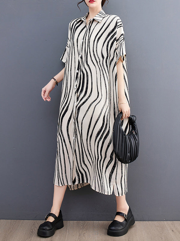 Raglan Sleeve Oversize Zebra-stripe Split-joint Lapel Midi Dresses Shirt Dress