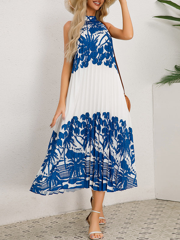 A-line Loose Hollow Pleated Printed Tied Mock Neck Midi Dresses