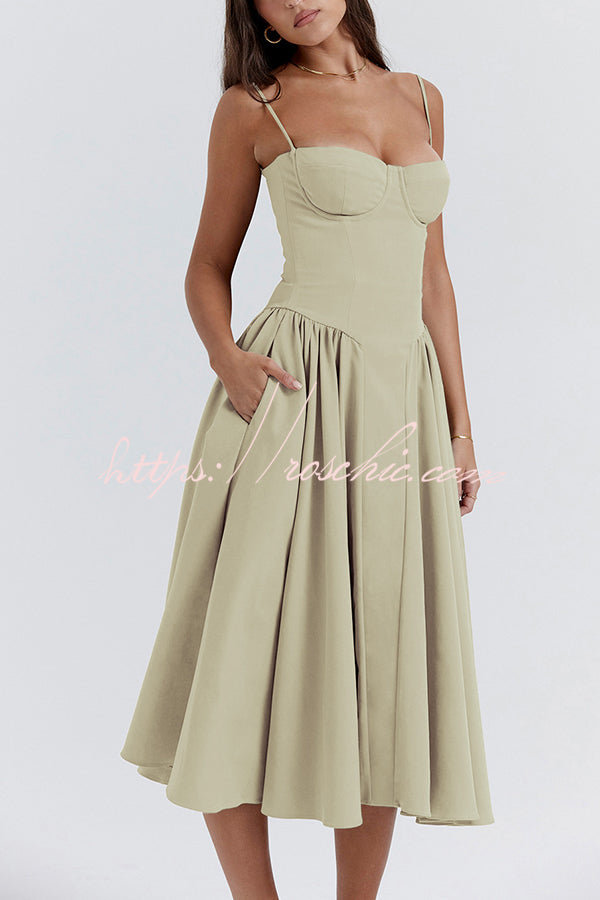 Color Slim Fit Suspender Pocket Midi Dress