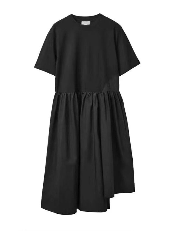 Loose Short Sleeves Color Round-neck Midi Dresses