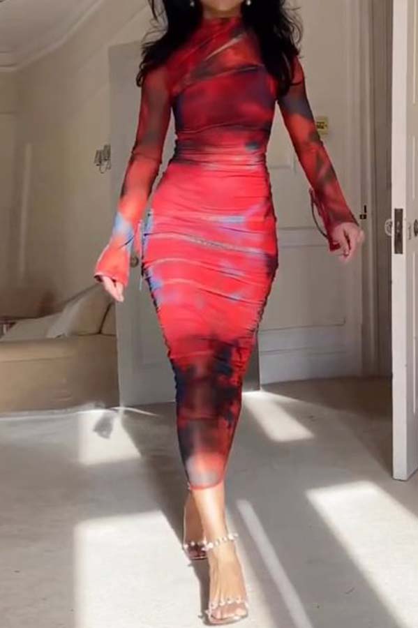 Won the Attention Mesh Tie Dye Ruched Midi Dress