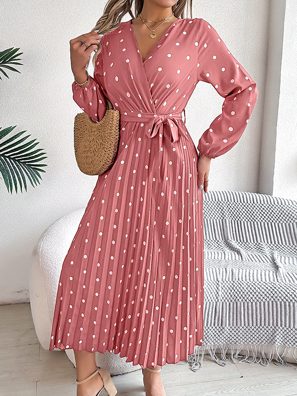 A-line High Waisted Elasticity Pleated Polka-dot Split-joint Tied Waist V-neck Midi Dresses Shirt Dress