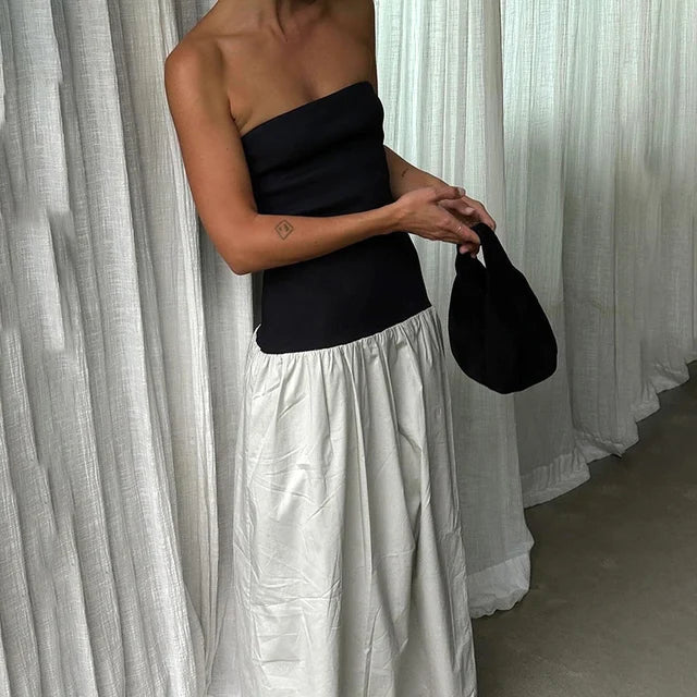Clash Color Strapless Maxi Dress for Summer Off Shoulder Patchwork Backless Sleeveless Beach Dress Female