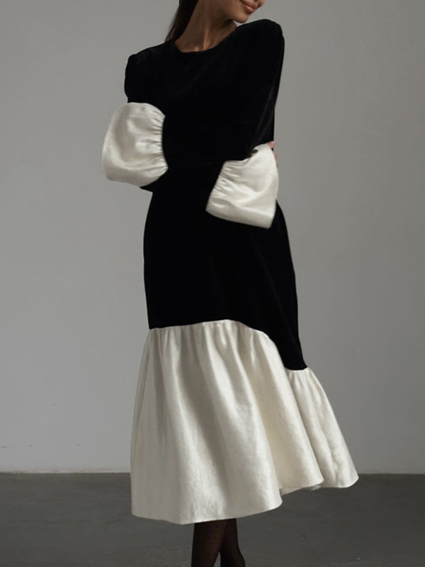 Flared Sleeves Long Sleeves Contrast Color Pleated Split-joint Round-neck Midi Dresses