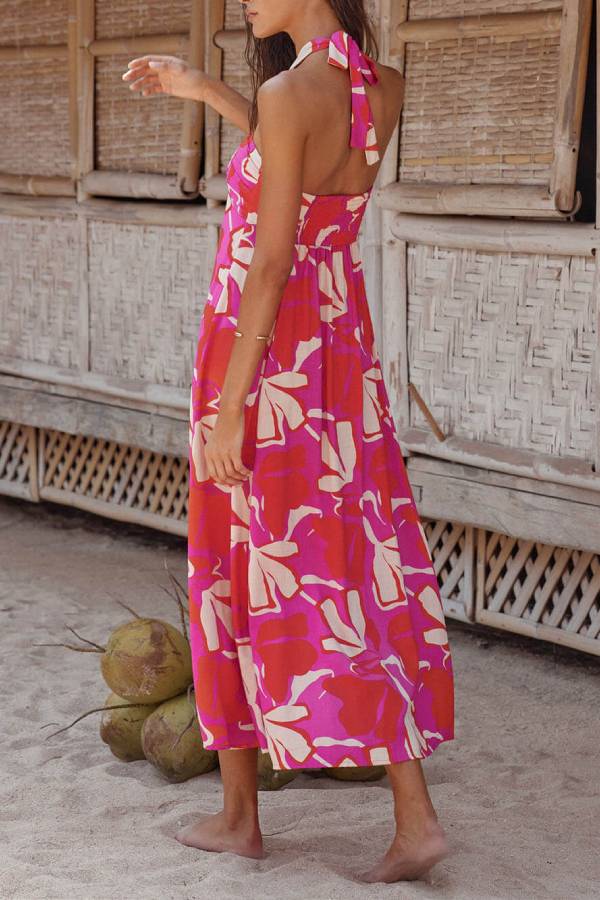 Halterneck Print Berry Lotus Midi Dress