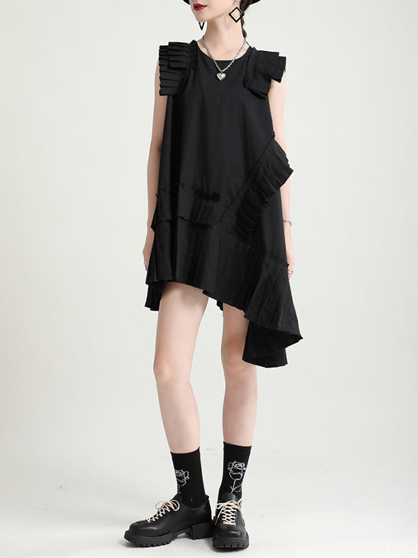 Flying Sleeves Loose Asymmetric Pleated Color Split-joint Round-neck Midi Dresses