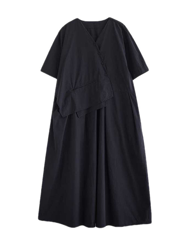 Loose Short Sleeves Pleated Color Split-joint V-neck Midi Dresses