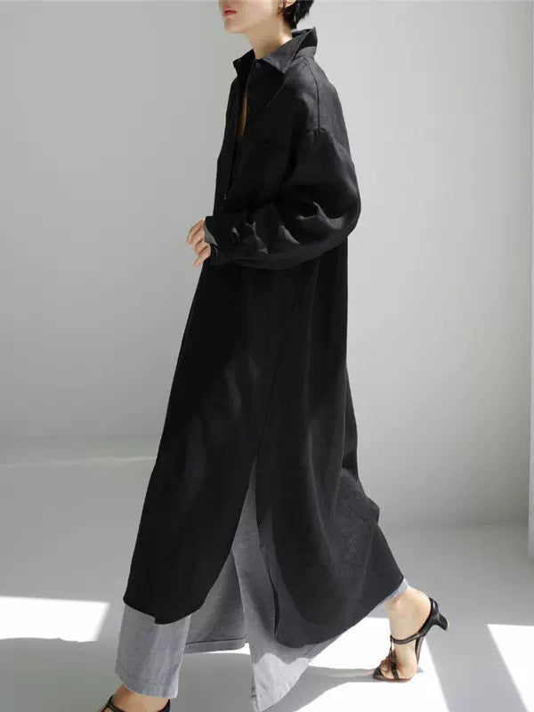 Simple Long Sleeves Split-side Color Lapel Midi Dresses Shirt Dress