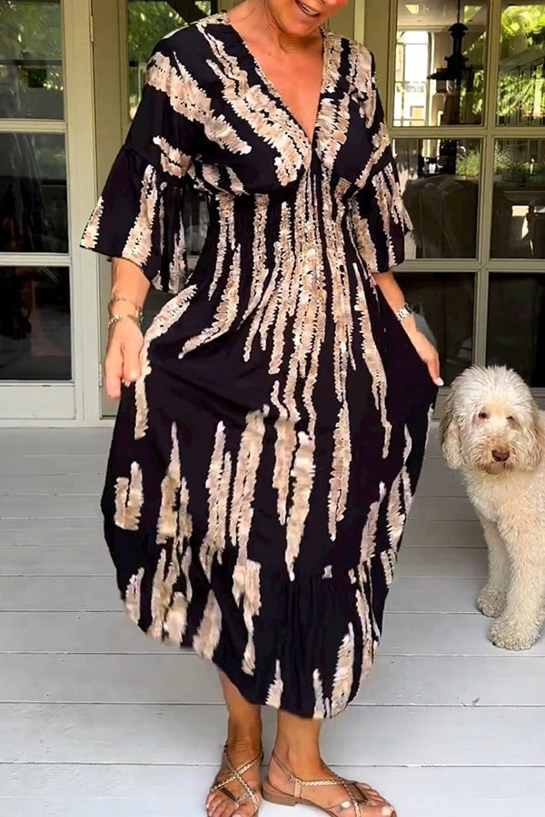 Retro 3\/4 Sleeve Print Midi Dress