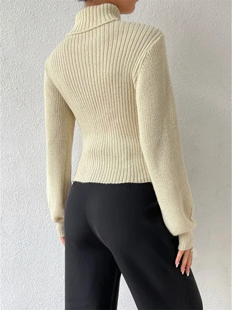 Hollow Out Knit Sweater Pullover for Turtleneck Ribbed High Street Long Sleeve Knitwear Loose Sweater Female