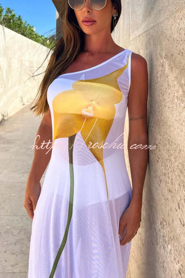 Dalia Tulle See Through Print One Shoulder Vacation Maxi Dress