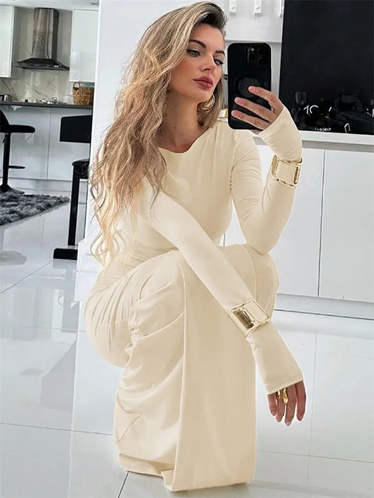 Pleated Tassel Slim Maxi Dress for Patchwork Lace-up Bandage Autumn Dress Female Party Dress